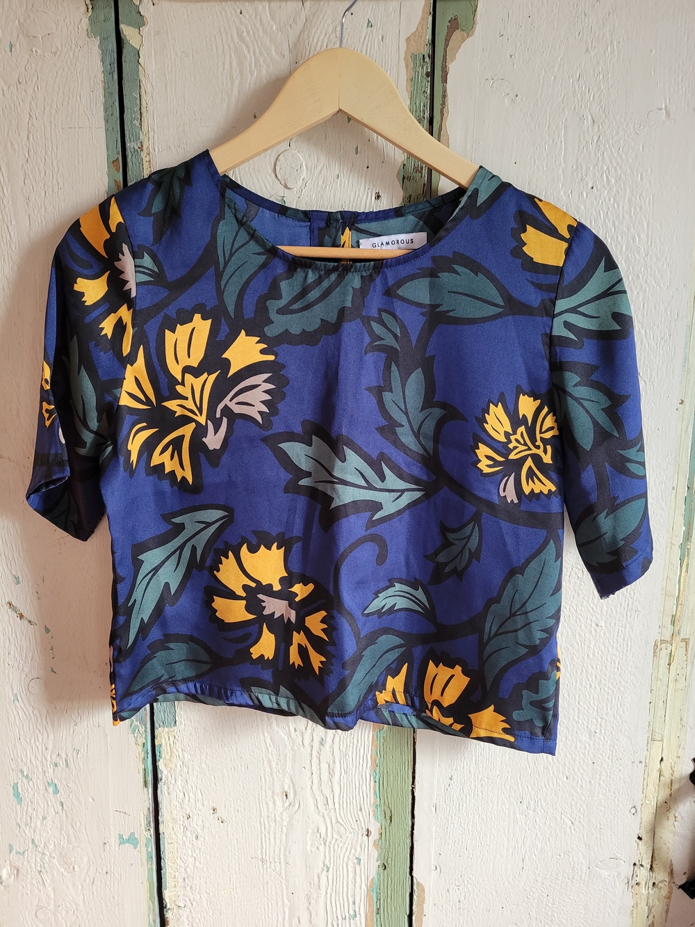 Glamorous Navy Floral Crop Top with Yellow Blooms